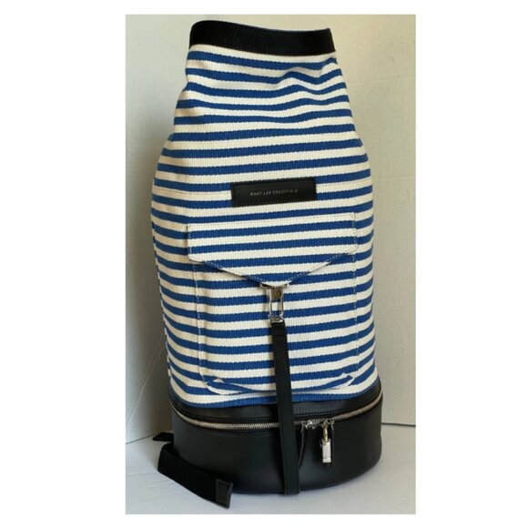 Want Les Essentiels Backpack Roll Top Duffel XL Blue Canvas Leather Stripe - Picture 10 of 11
